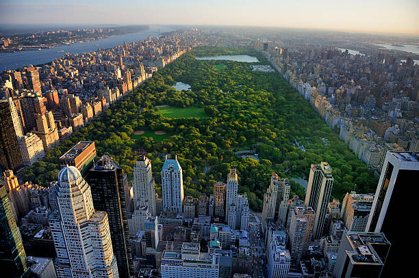 Central Park aerial view, Manhattan, New York; Park is surrounded by skyscraper